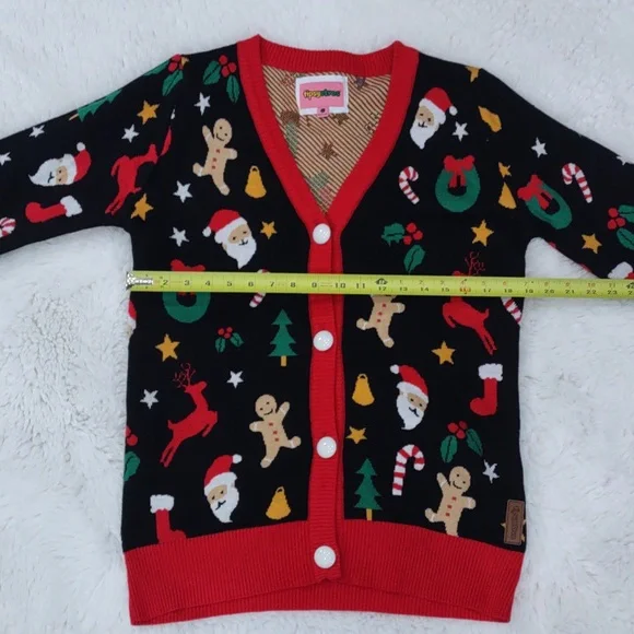 Tipsy Elves Black Cardigan with Red Trim and Festive Motifs - Picture 14 of 17